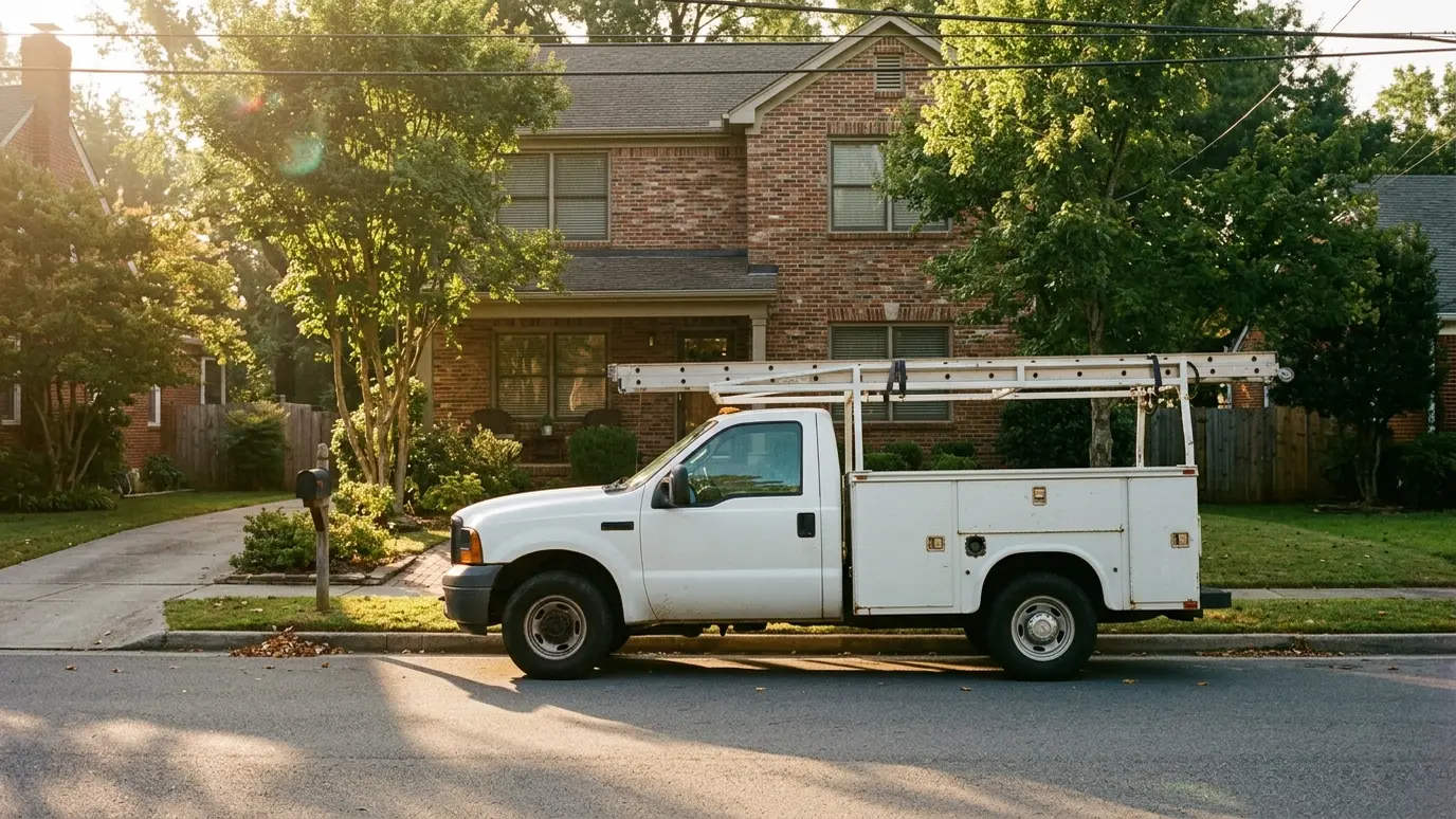 About Music City Chimney A white work truck with a tall ladder on the roof rack parked in front of a brick home in warm morning light