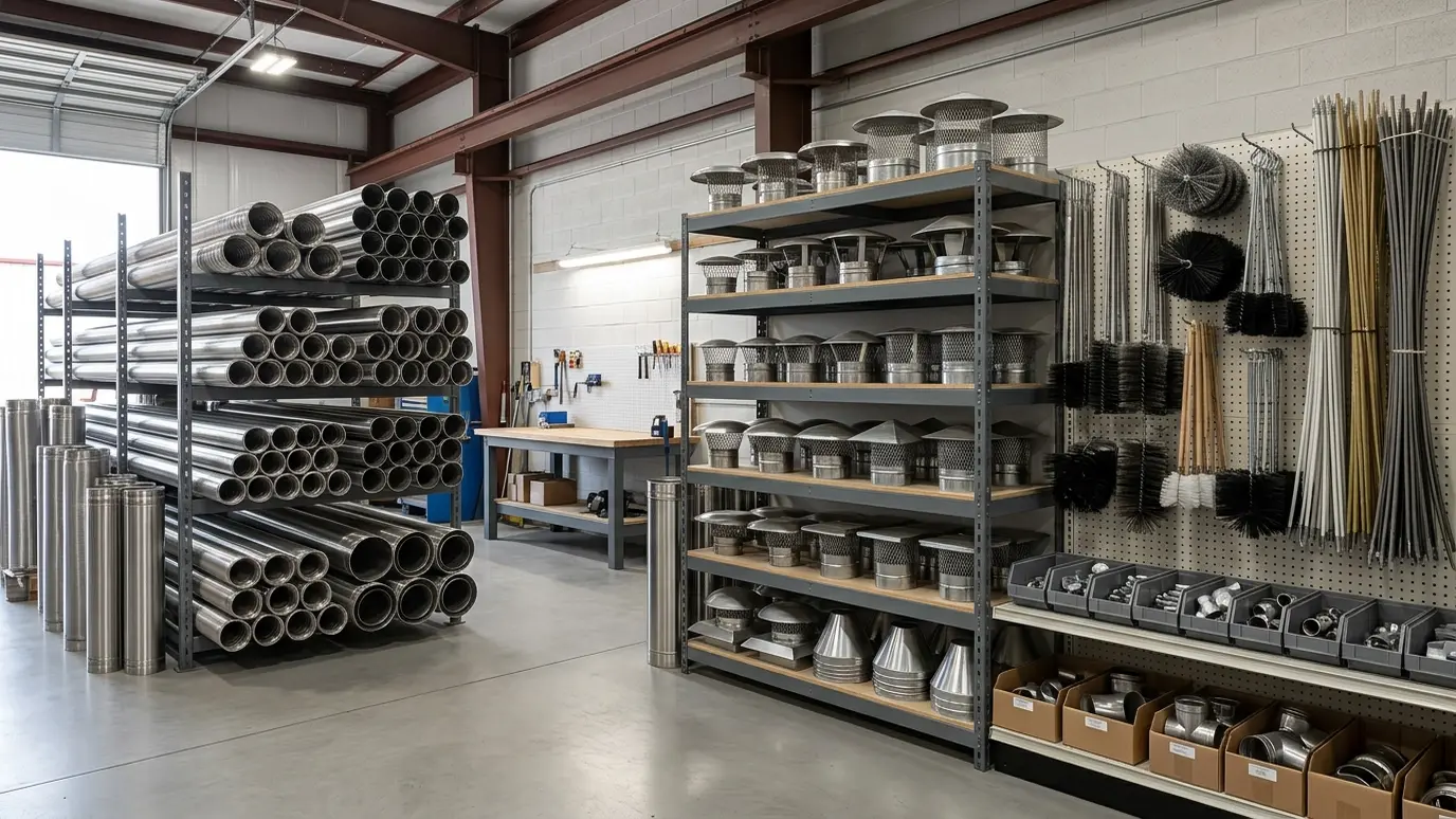 A tidy chimney shop with neat racks of stainless liner pipe, chimney caps and brushes under bright work lights