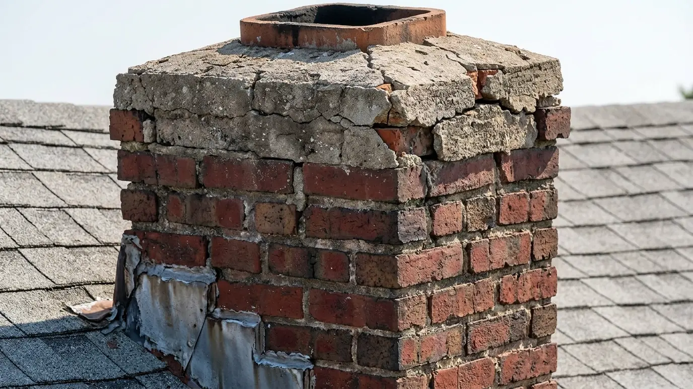 Before: a brick chimney with a brick chimney with a cracked, crumbling crown