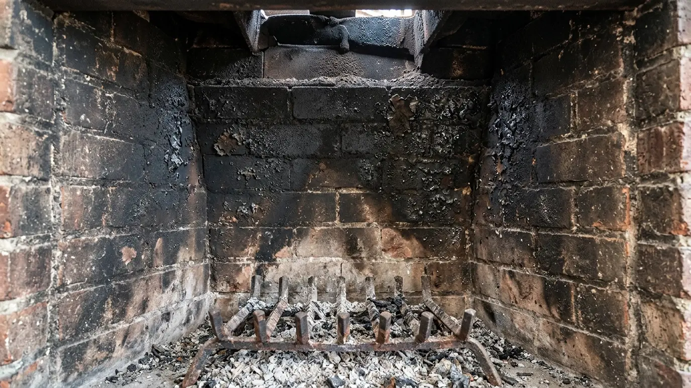 Before: a brick fireplace with a firebox covered in black soot and creosote