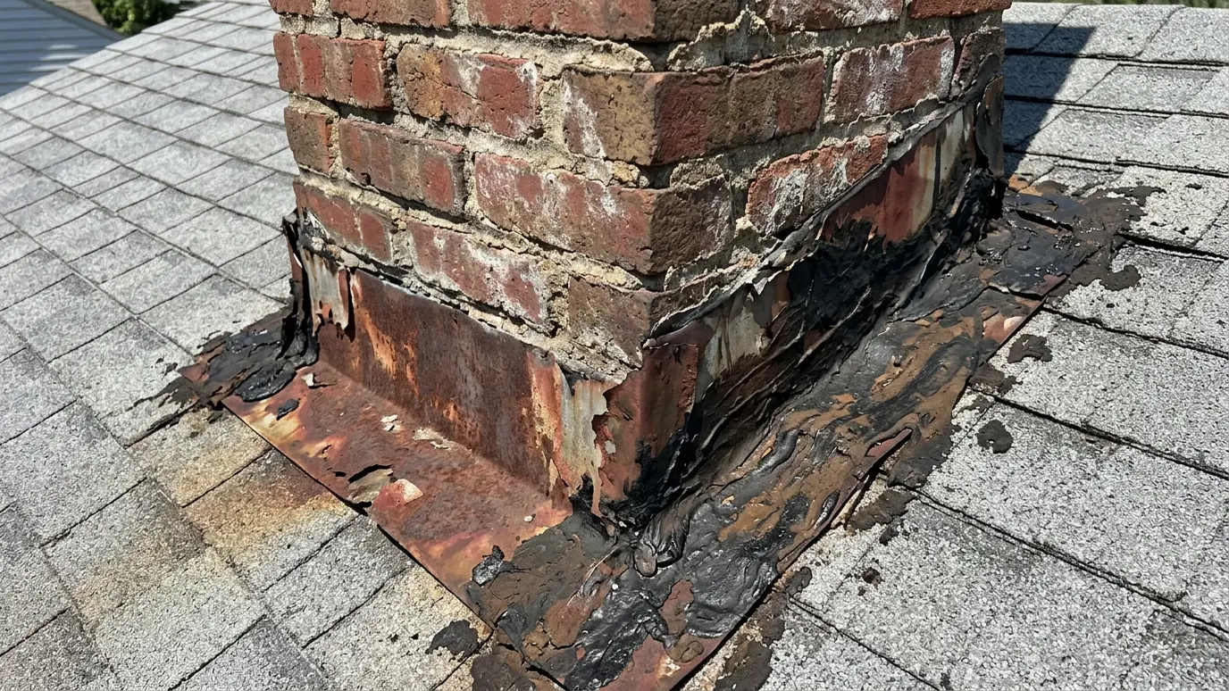 Before: a chimney base at the roof with rusty, bent flashing and tar patches