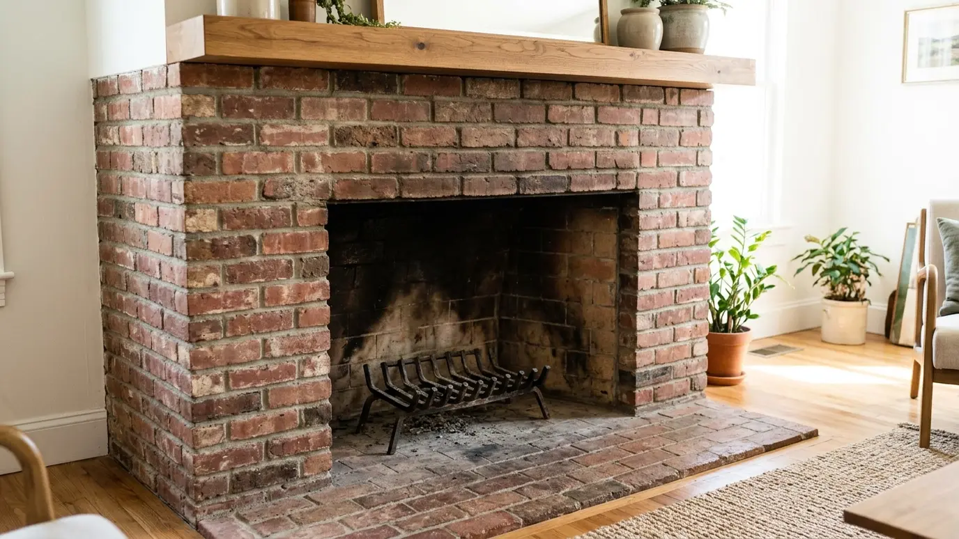 Before: a brick fireplace with an open, cold fireplace with an empty firebox