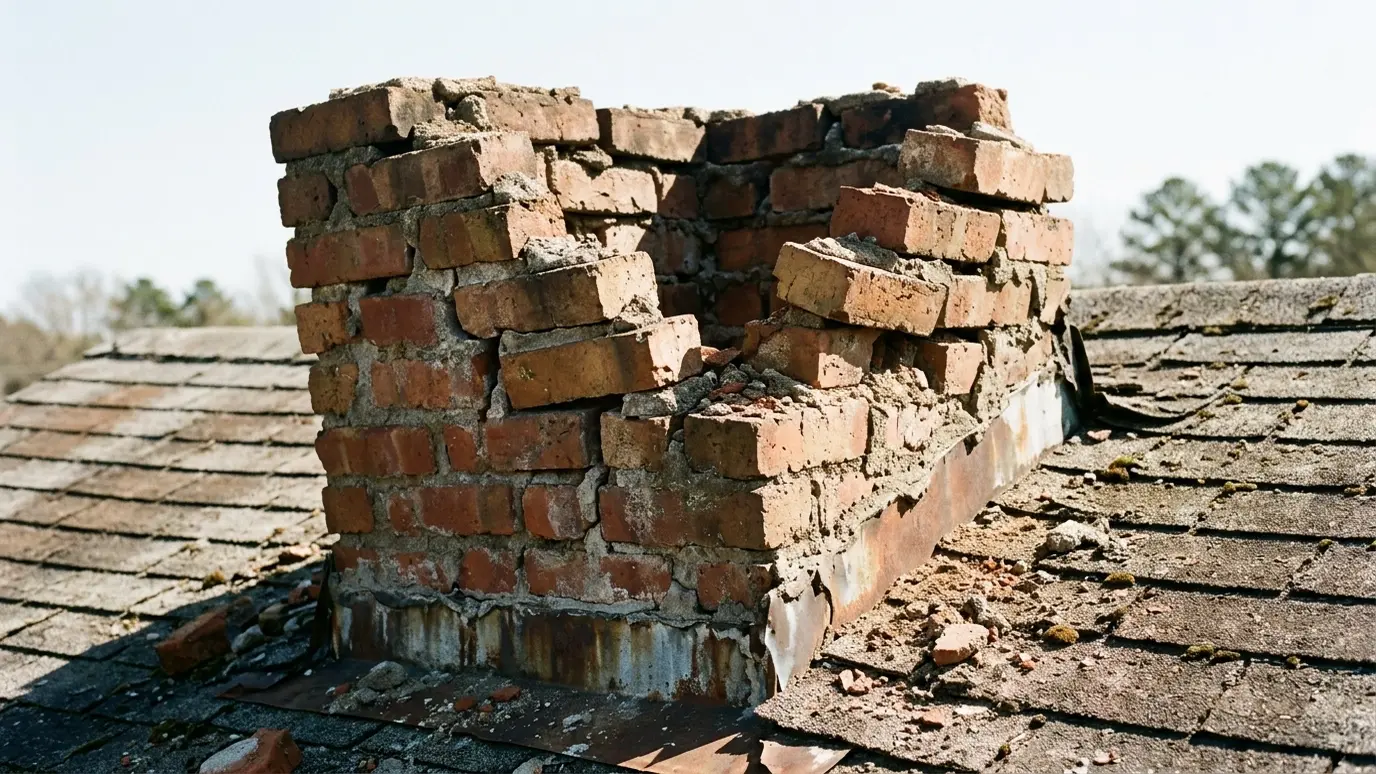 Before: a brick chimney with crumbling, leaning bricks and missing courses