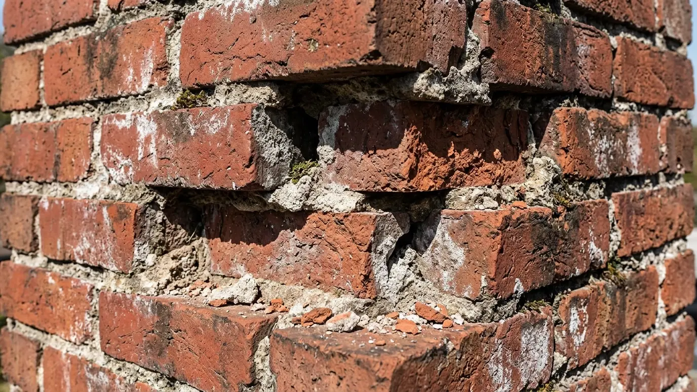 Before: a brick chimney with deep, eroded mortar joints