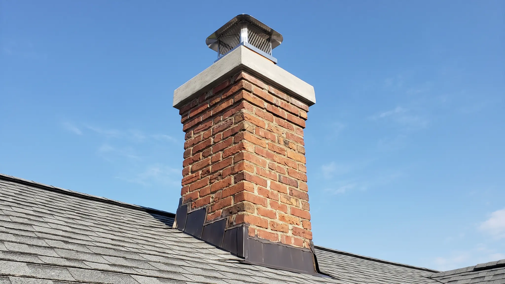 A tall red brick chimney with a fresh concrete crown and a stainless steel cap against a blue sky above a gray shingle roof, seen from a low angle