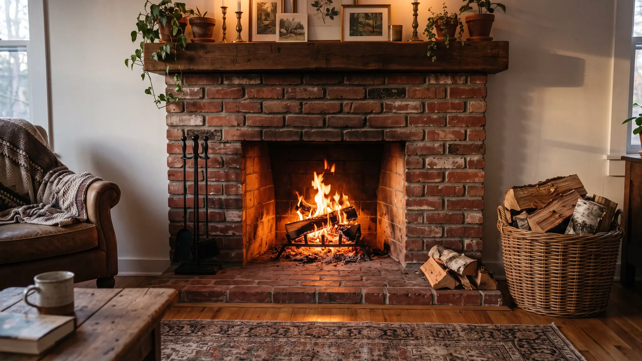 A cozy living room with a red brick fireplace holding a lit fire, a wooden mantel and a basket of split firewood in warm evening light