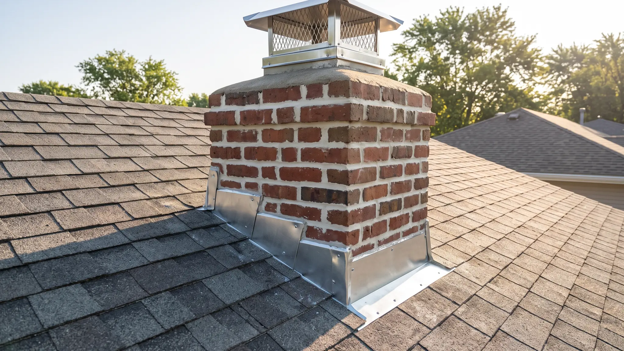 A brick chimney on a shingle roof with fresh bright mortar joints, new metal flashing around the base and a stainless cap, on a sunny morning