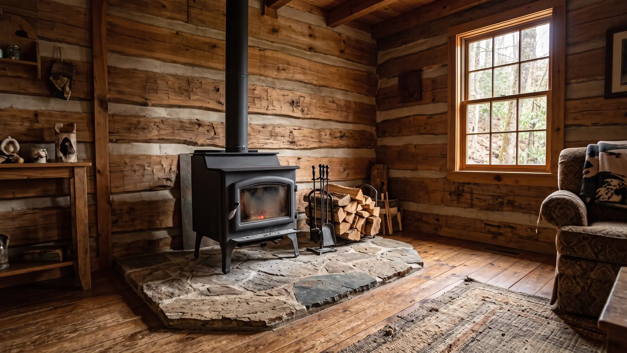 A black cast iron wood stove on a stone hearth pad with a stovepipe rising to the ceiling in a rustic Tennessee cabin living room, warm light