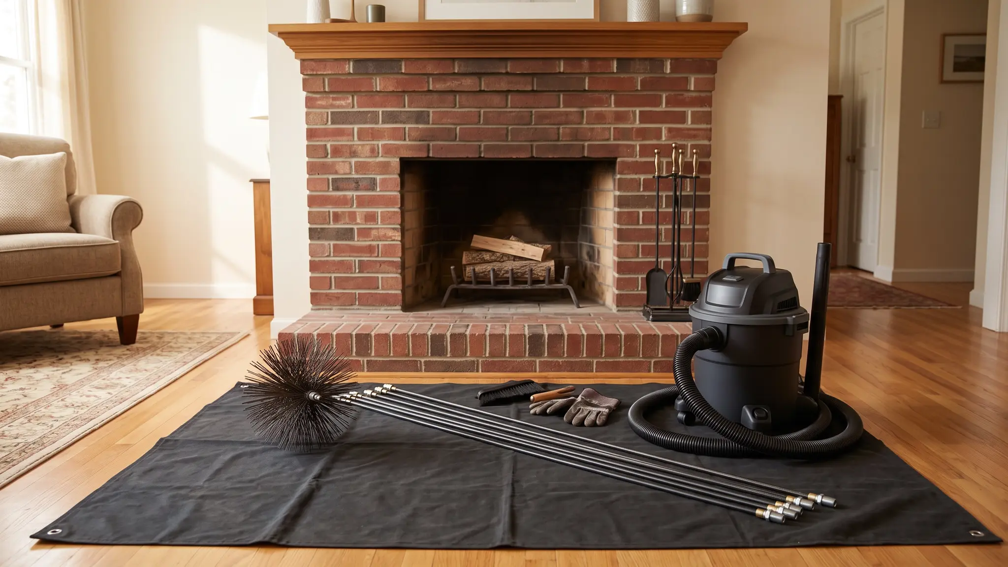 Chimney sweep tools laid out neatly in front of a clean brick fireplace in a warm living room: a round wire chimney brush, fiberglass rods, a drop cloth and a shop vacuum