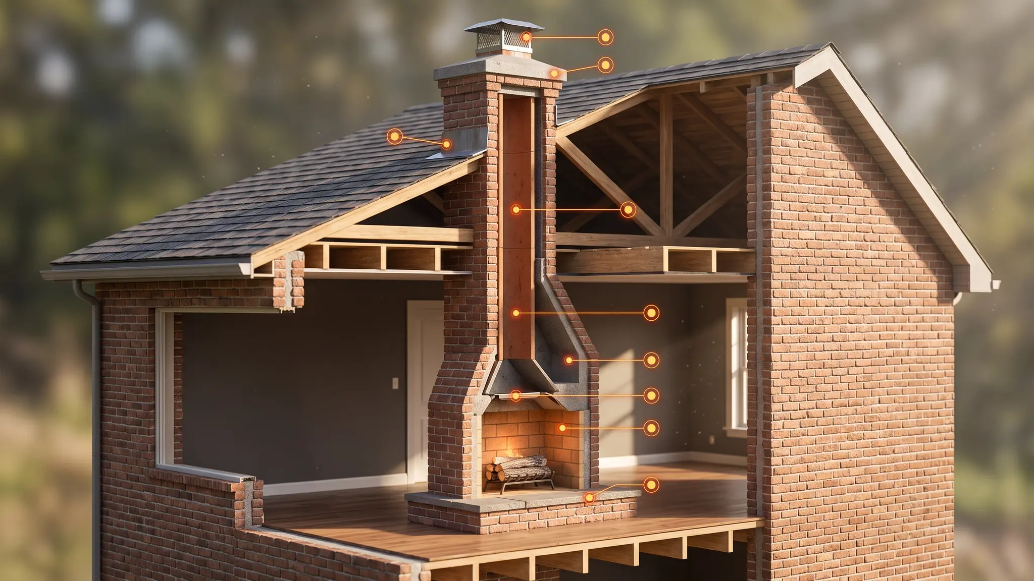 A cutaway illustration of a brick house showing a chimney with a cap, a crown, flashing, a flue liner, a damper, a smoke chamber, a firebox and a hearth, with small marker icons