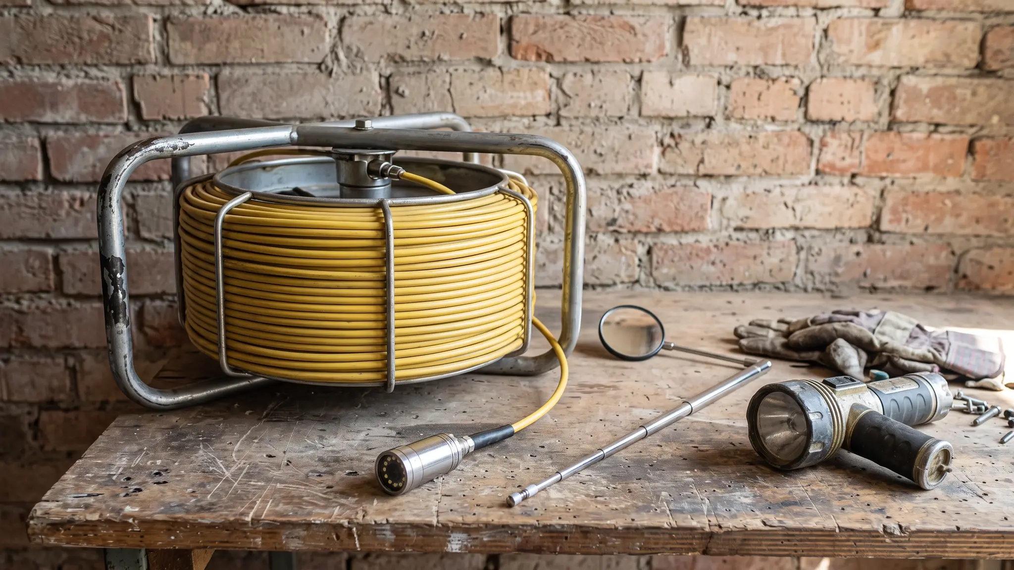 A chimney video inspection camera on a long cable reel with a flashlight and an inspection mirror on a work table against a brick wall