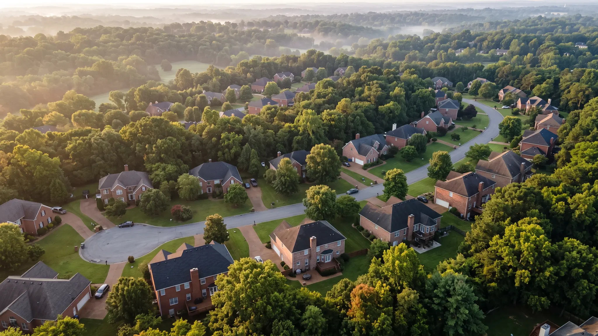 An aerial view of a Tennessee neighborhood with brick homes and chimneys among trees in soft morning light