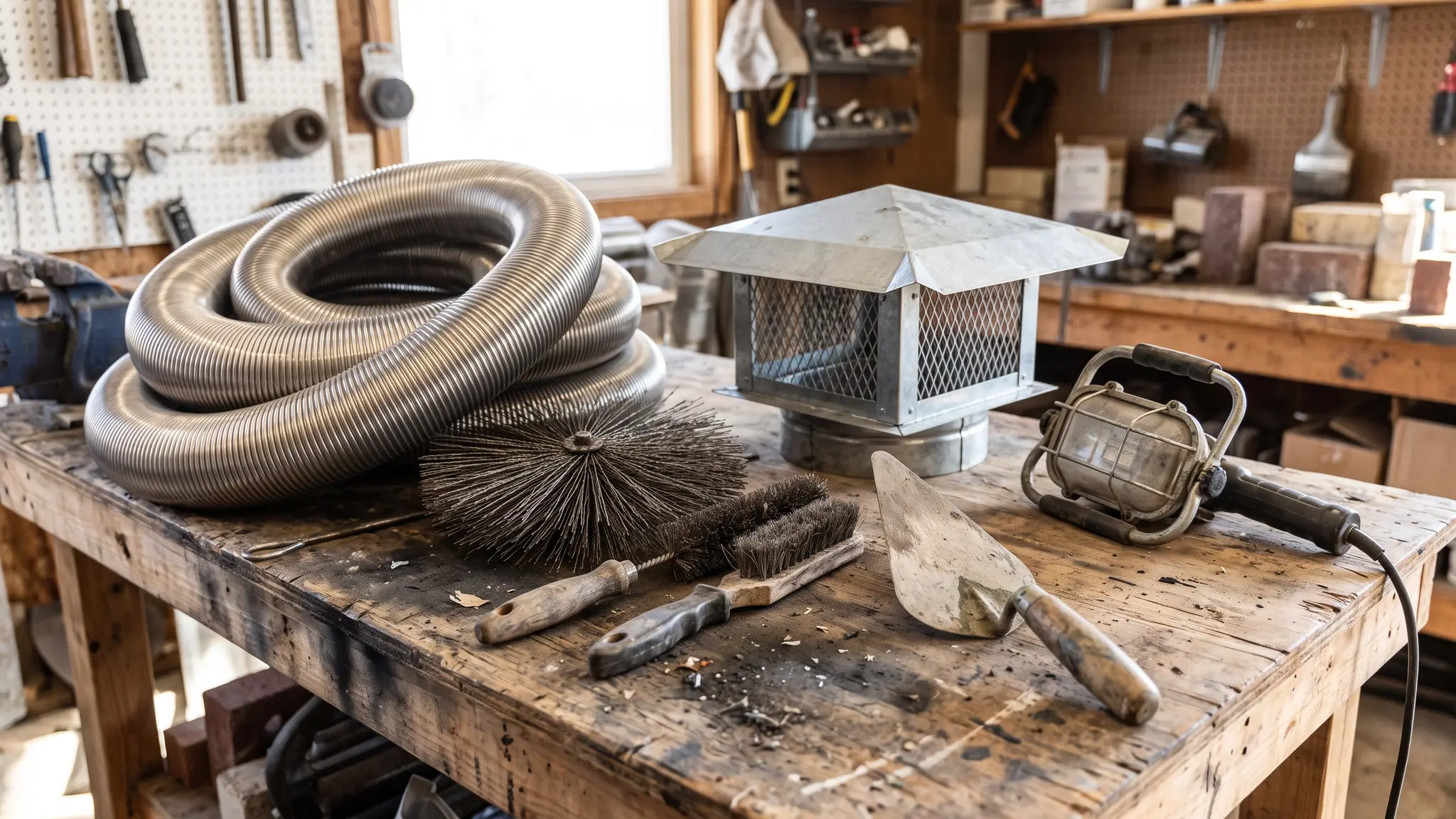 Chimney ideas and material guides | Music City Chimney Chimney service equipment on a workbench: wire brushes of different sizes, a coil of stainless steel flue liner, a chimney cap, a mortar trowel and a work light