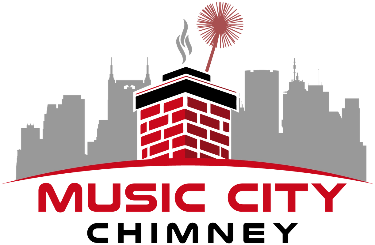 Music City Chimney logo: a red brick chimney with smoke and a sweep brush in front of the Nashville skyline above the words Music City Chimney