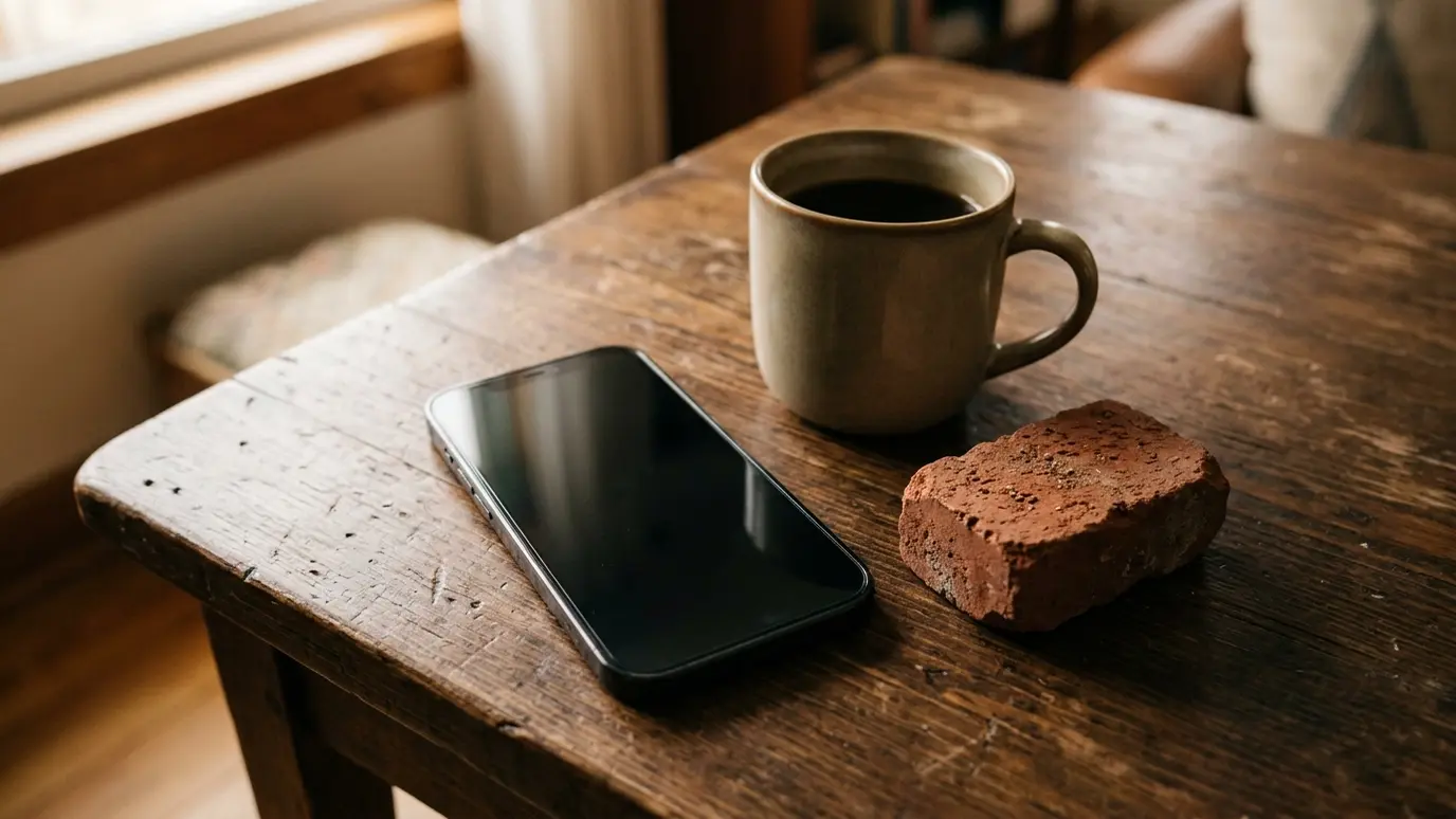 Call and schedule A smartphone with a blank dark screen on a table beside a coffee mug and a small red brick in soft warm light