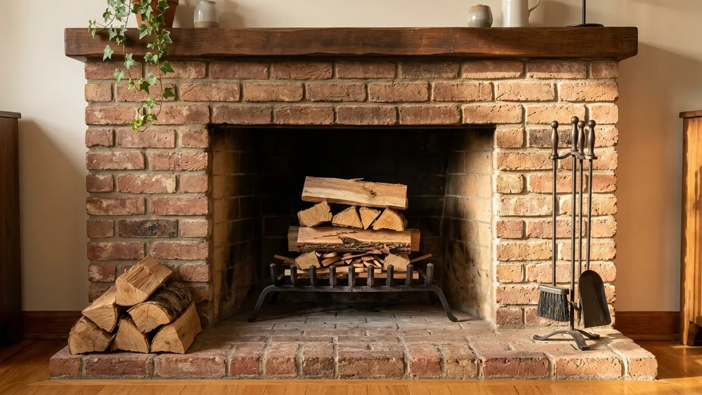 Finish and walk through A spotless swept brick fireplace with a tidy hearth and a fresh stack of logs ready to light in warm light