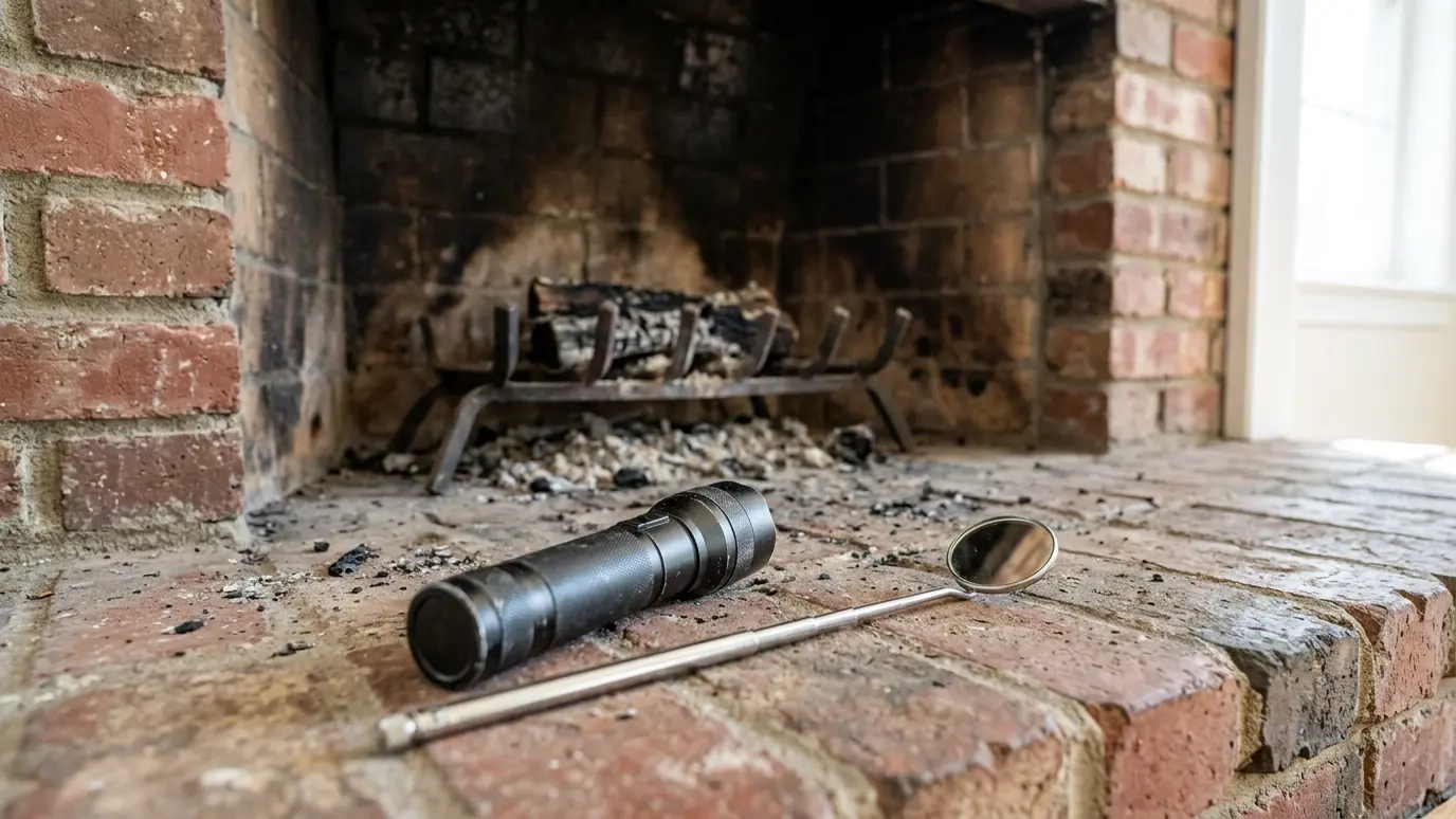 Inspect and listen An inspection flashlight and a small mirror resting on the hearth in front of an open brick fireplace in bright light