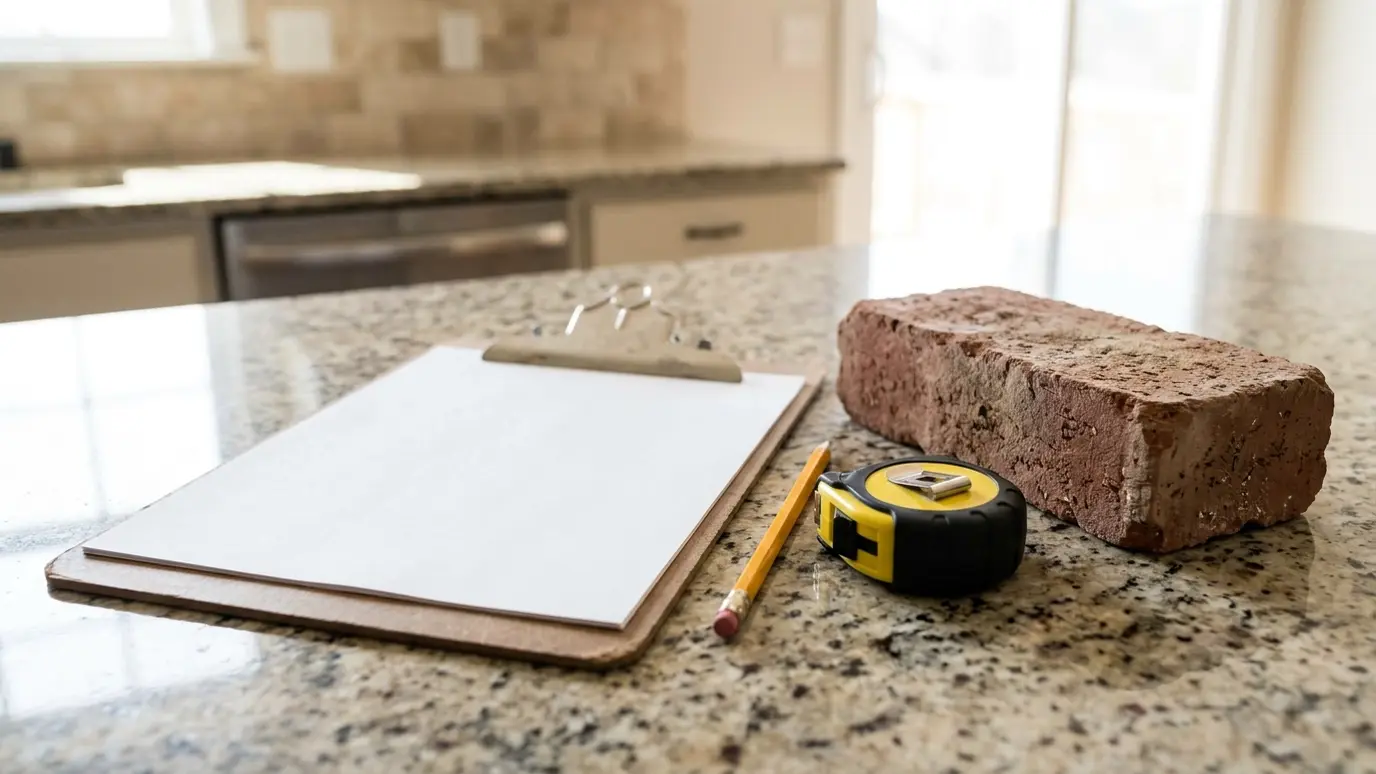 Plan and explain A clipboard with a blank sheet, a tape measure and a pencil on a kitchen counter beside a brick sample in bright light