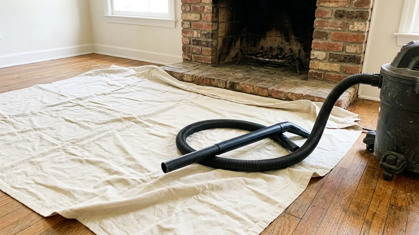 Protect your home A drop cloth spread over a hardwood floor in front of a brick fireplace with a shop vacuum hose ready in bright light
