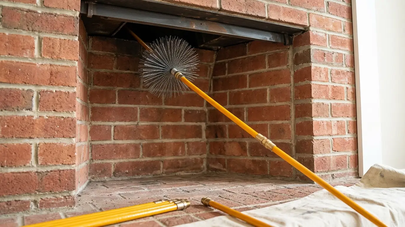 Do the work A round wire chimney brush on fiberglass rods being fed up into a clean brick fireplace opening in bright light