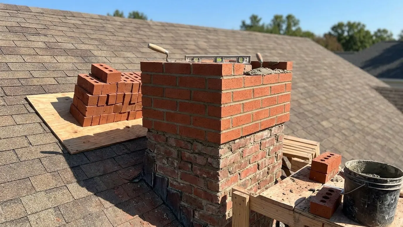 A chimney top being rebuilt with neat new brick courses
