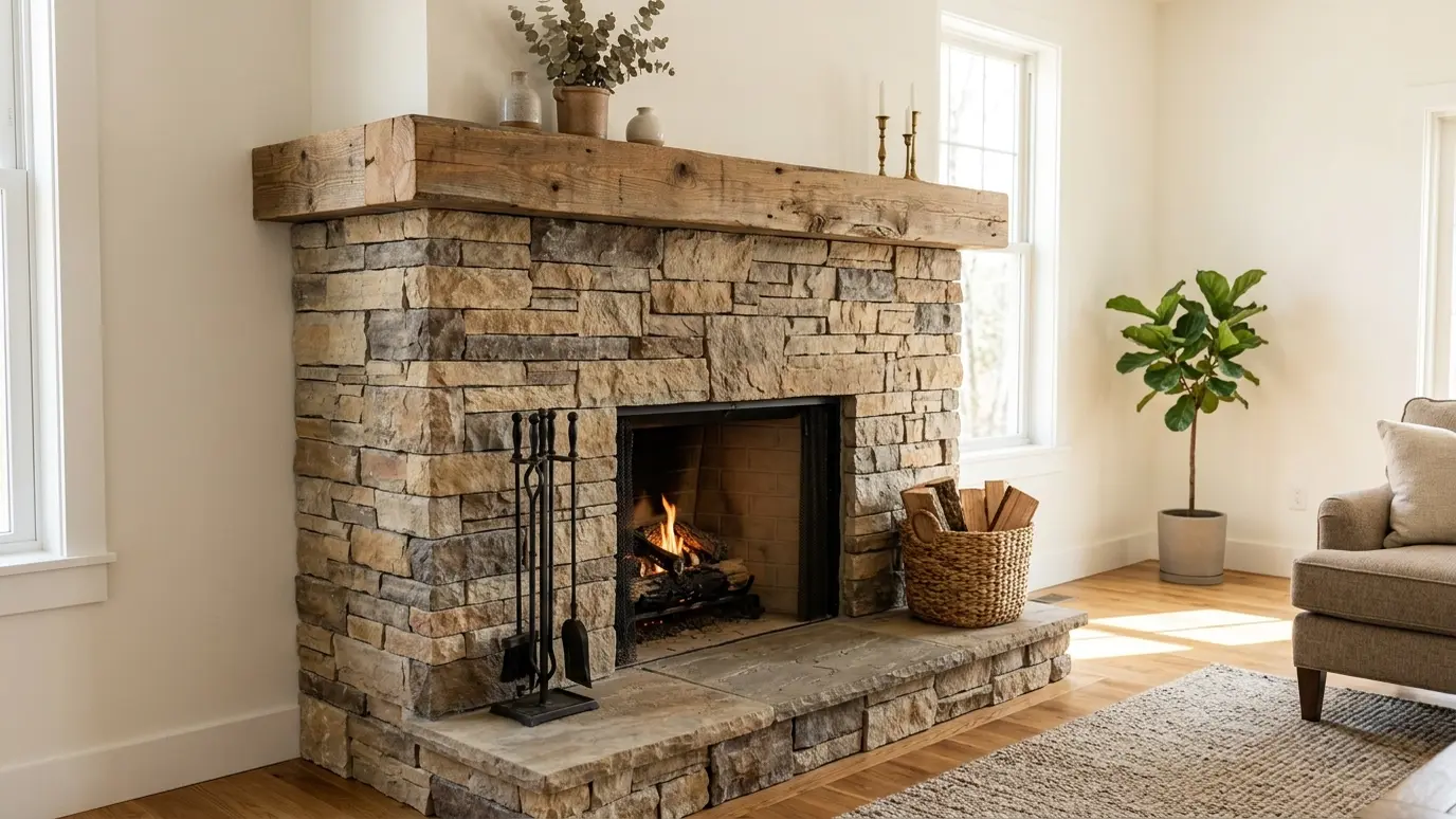 A fireplace refaced with natural stone and a rustic mantel