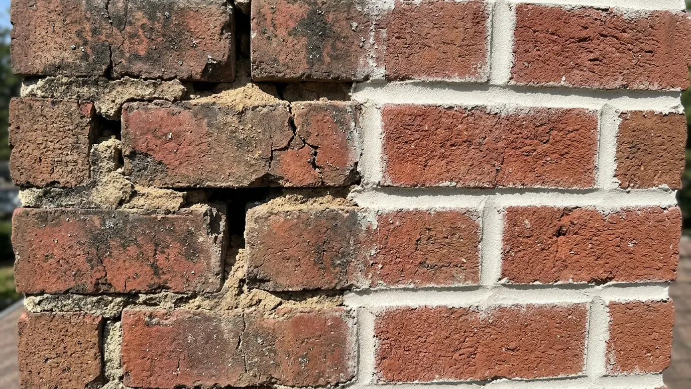 Chimney mortar joints half repointed and half crumbling