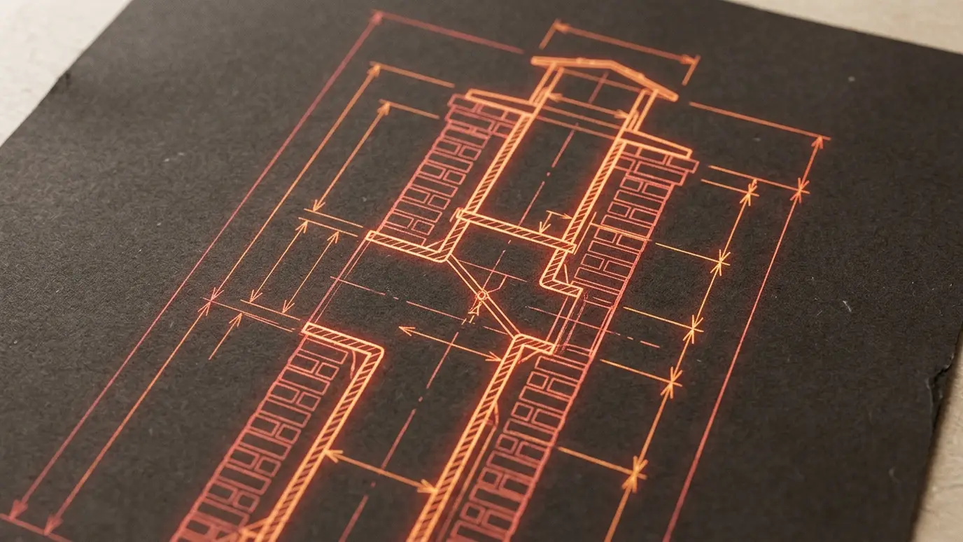 A glowing blueprint-style cross-section of a chimney flue with dimension arrows in brick red and ember orange on a dark warm charcoal background